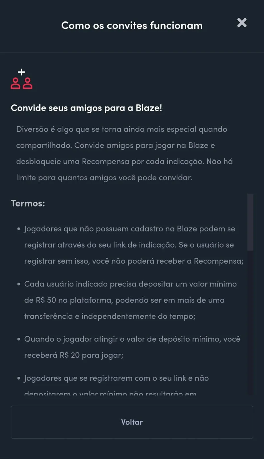 Texto informativo do programa Indique um amigo da Blaze, informando que a oferta pode dar R$ 20 a cada amigo indicado.