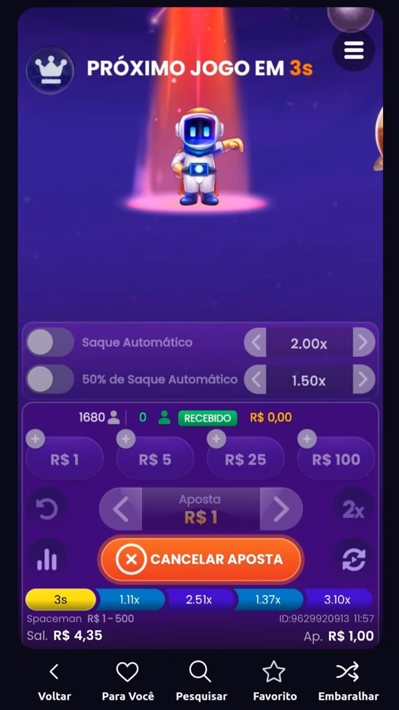 Jogo Spaceman com aposta confirmada de R$ 1 aguardando a próxima rodada.