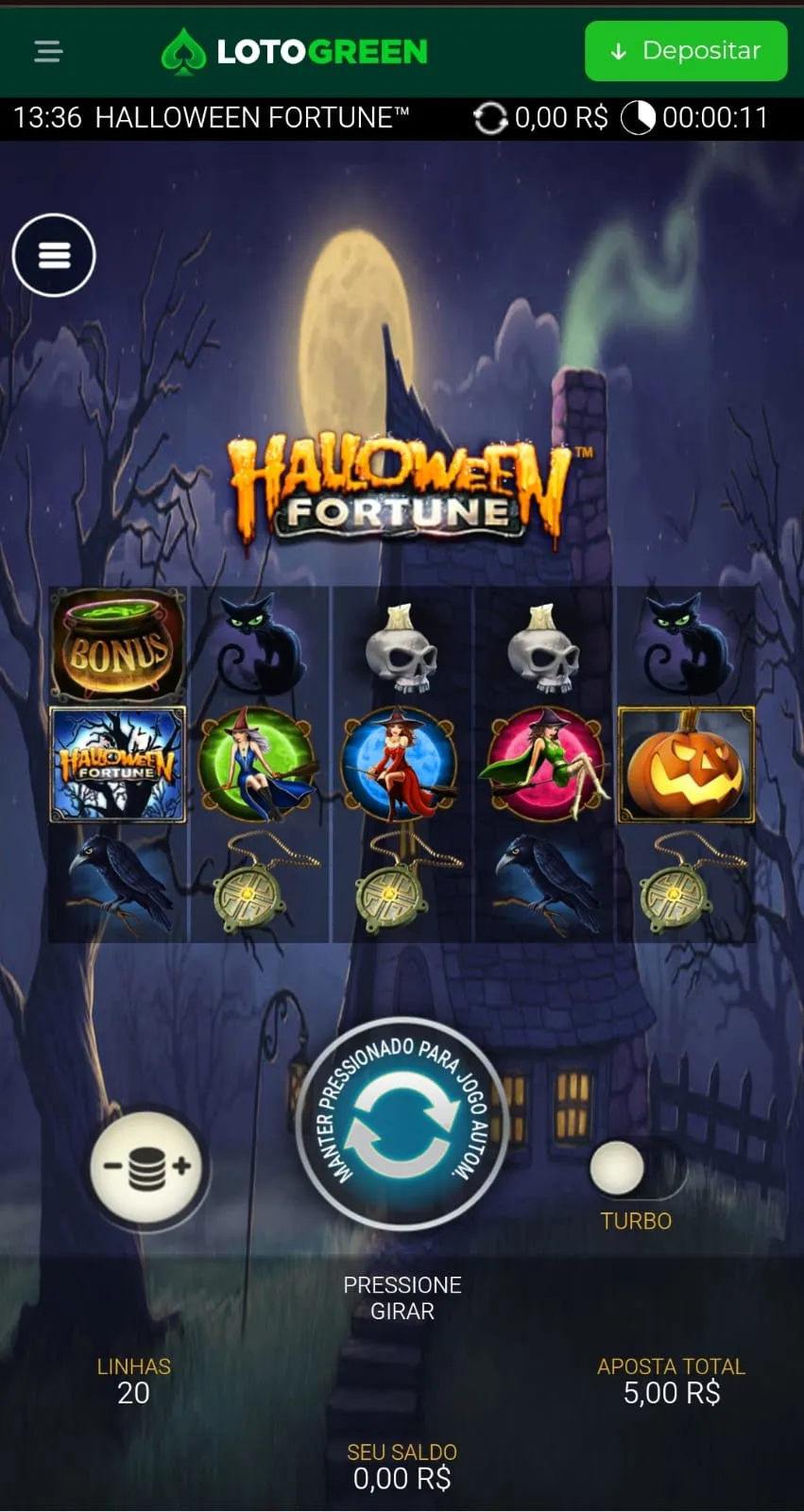 Painel inicial do Halloween Fortune da Playtech com símbolos das 3 bruxas mascotes