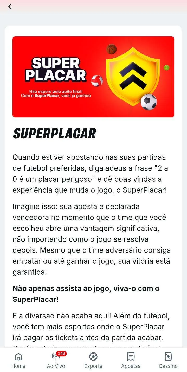 SuperPlacar na Superbet, com banner com a logo da oferta e texto explicativo