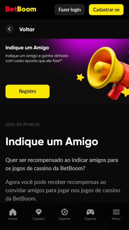 Bônus de indicação de cassino da Betboom com informações sobre como ganhar com cada convidado.
