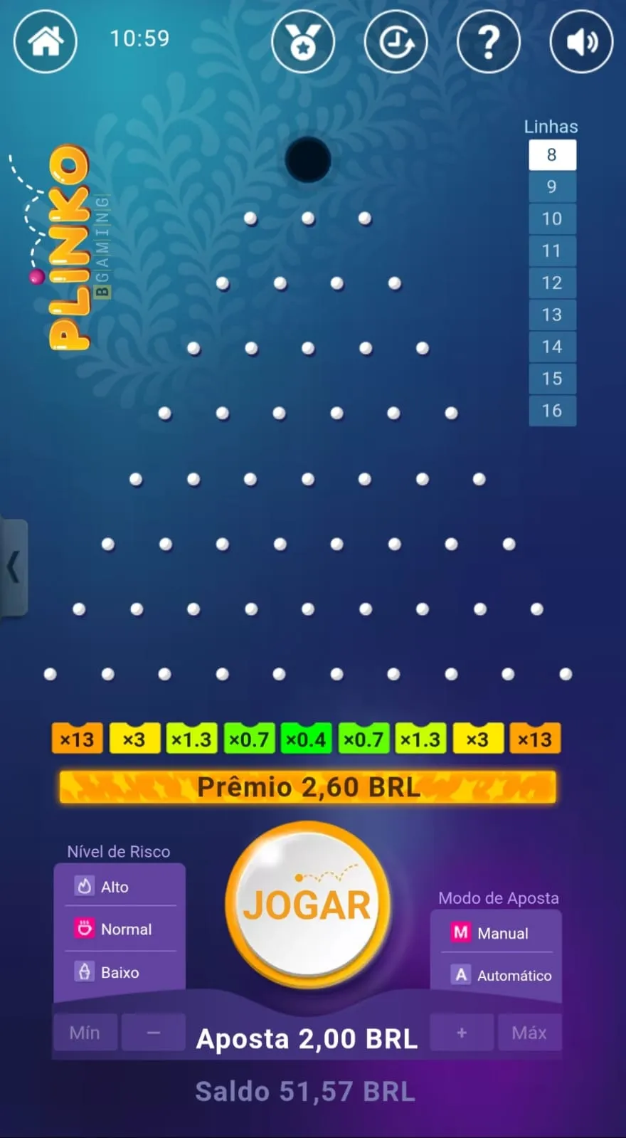 Jogo Plinko com priâmide de 8 linhas, volatilidade normal e aposta definida em 2 reais.
