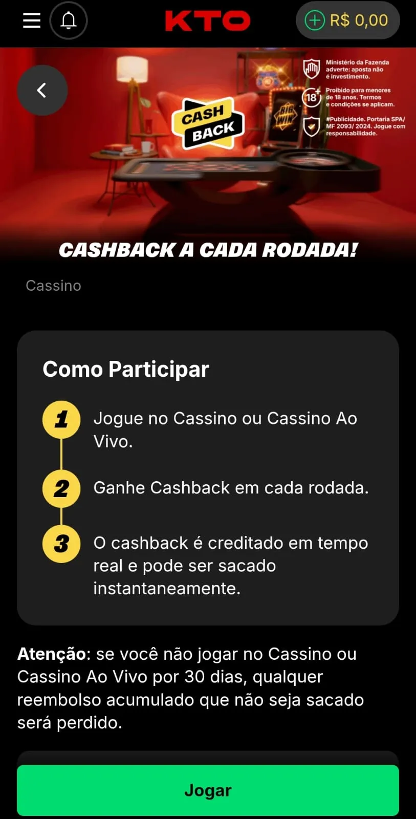 Print da página promocional da oferta de Cashback na KTO.
