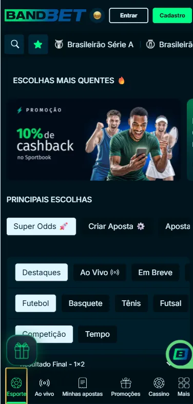Aba de esportes com principais escolhas e banner da oferta de 10% de cashback na Bandbet.