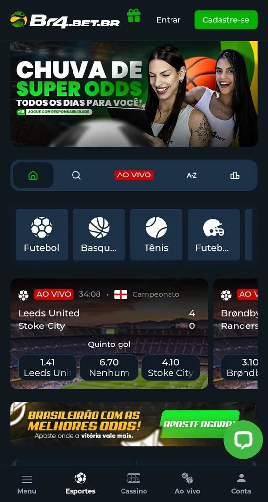 Banner da chuva de super odds, ícones de diferentes esportes e odds da aposta ao vivo de jogo do campeonato inglês na BR4BET