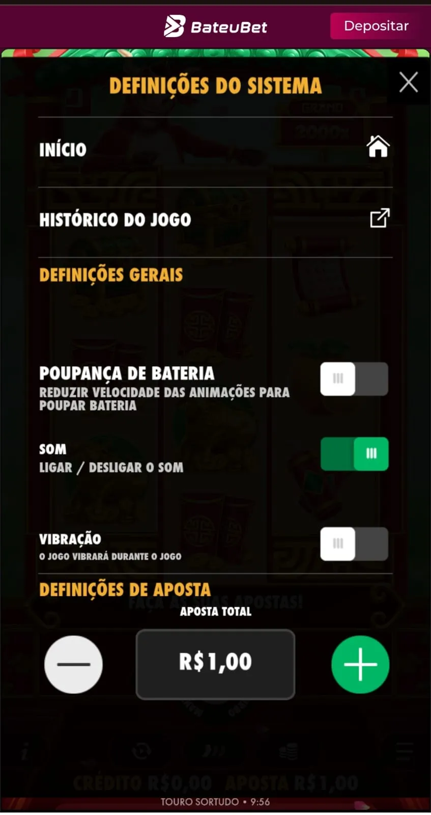 Print do painel de definições do sistema do Touro Sortudo, com opção para ajustar valores de aposta e outras opções.