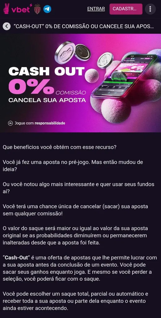 Tela da Vbet com Cash out de 0% comissão