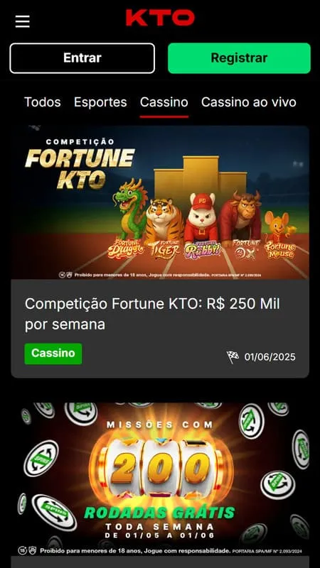 Competição Fortune KTO: R$ 250 mil por semana, com os animais da série Fortune no banner promocional