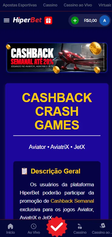 Oferta de cashback semanal em jogos crash na HiperBet como Aviator e JetX