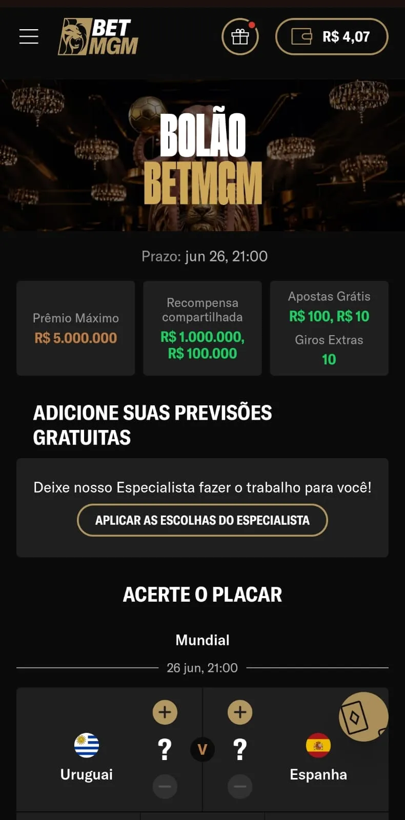  Tela mobile do Bolão BetMGM para a Copa do Mundo 2026
Data: 22/06/2026