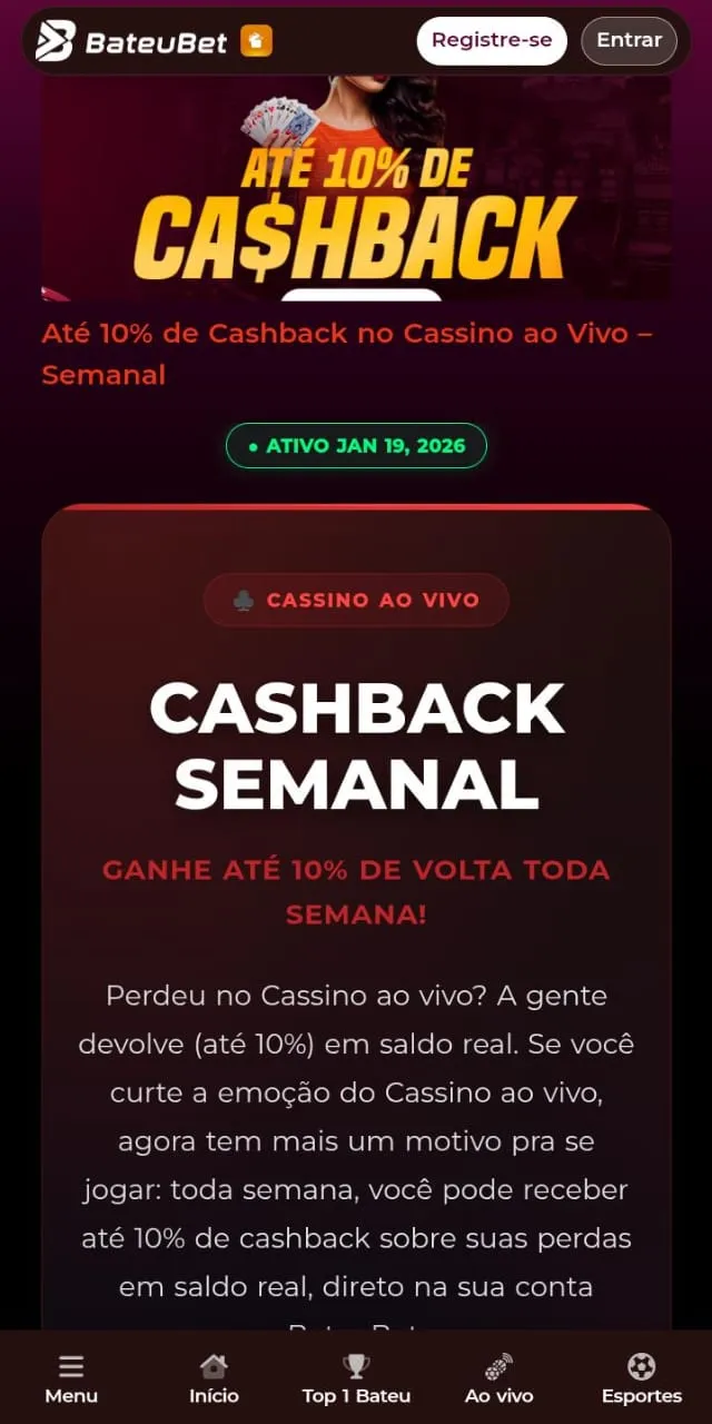 Cashback semanal de cassino ao vivo de até 10% na BateuBet, com texto explicativo sobre a oferta