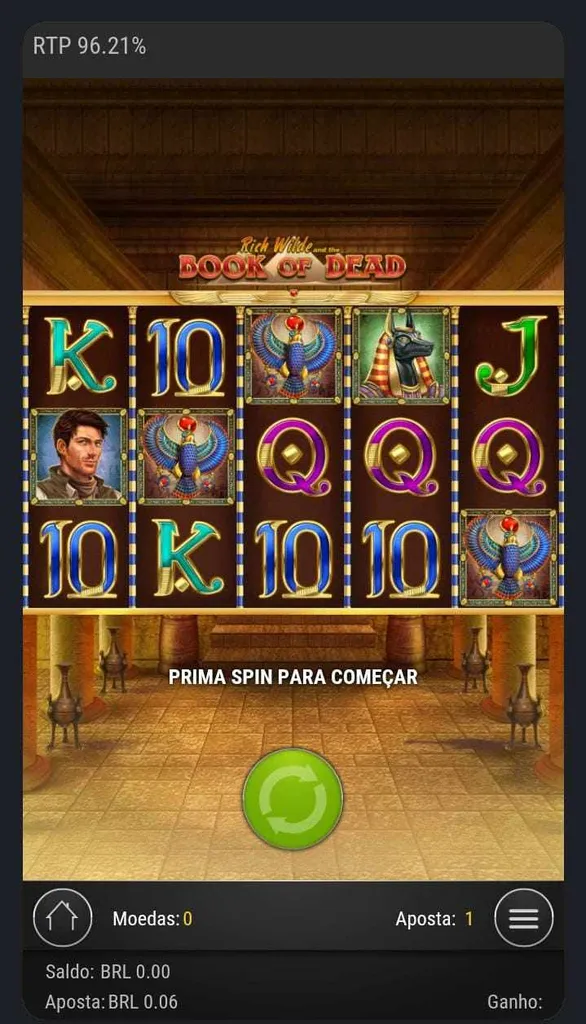 Jogo Book of Dead com aposta em R$0,06 e grade 3x5 com simbolos espalhados sem combinações.