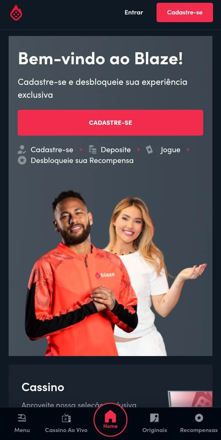 Cassino Blaze, com mensagem de boas-vindas e imagem de Neymar JR com Virgínia