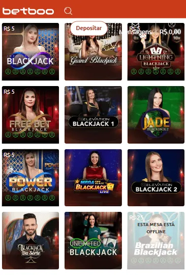 Lista de mesas de blackjack ao vivo na Betboo com opções mostrando aposta mínima de R$5.
