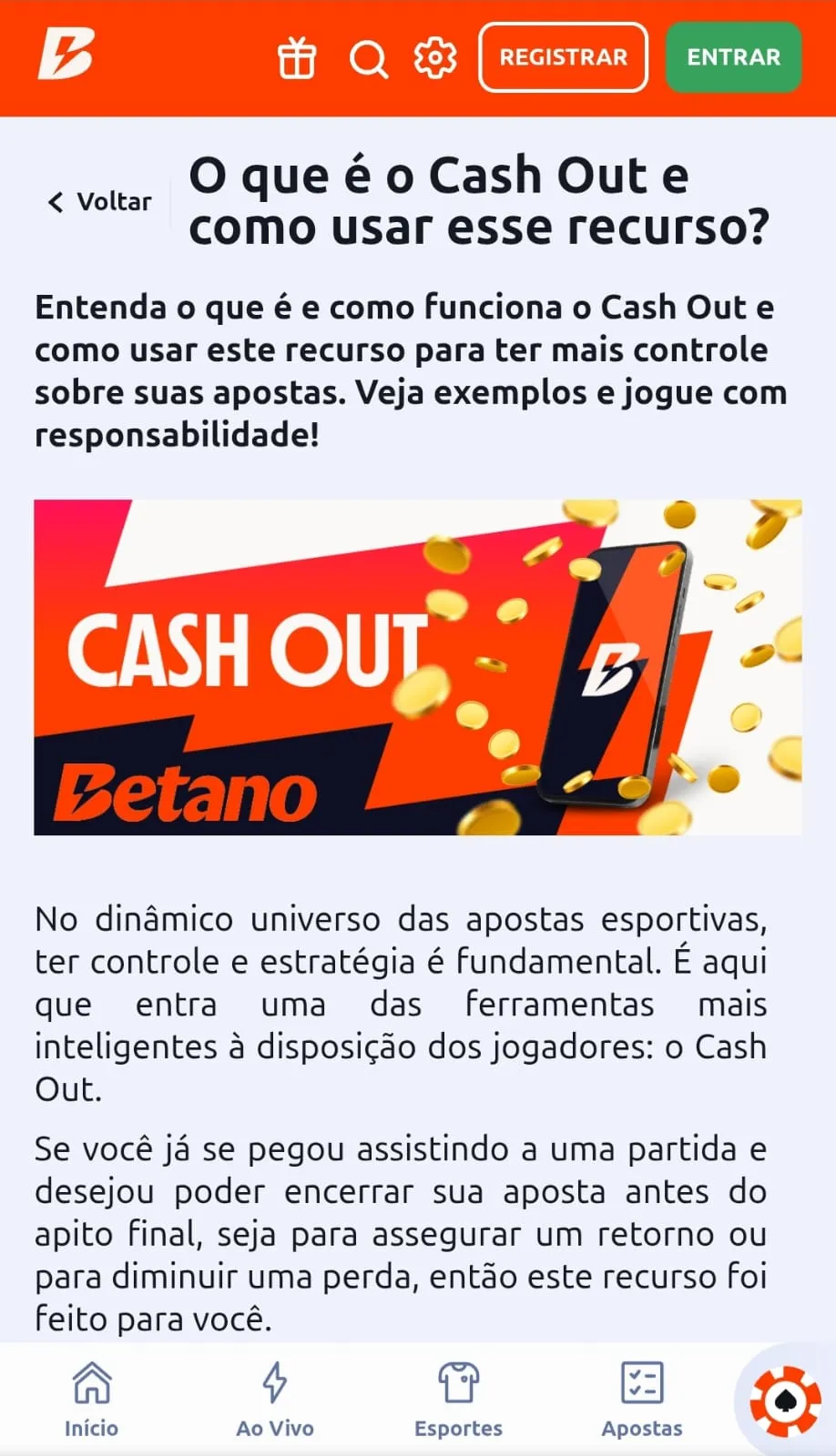 Print da página de explicações da função de Cash Out na Betano