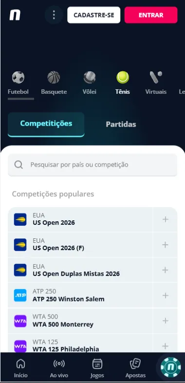Competições populares de tênis como o US Open, US Open (F)  e ATP 250 Winston Salem na Novibet