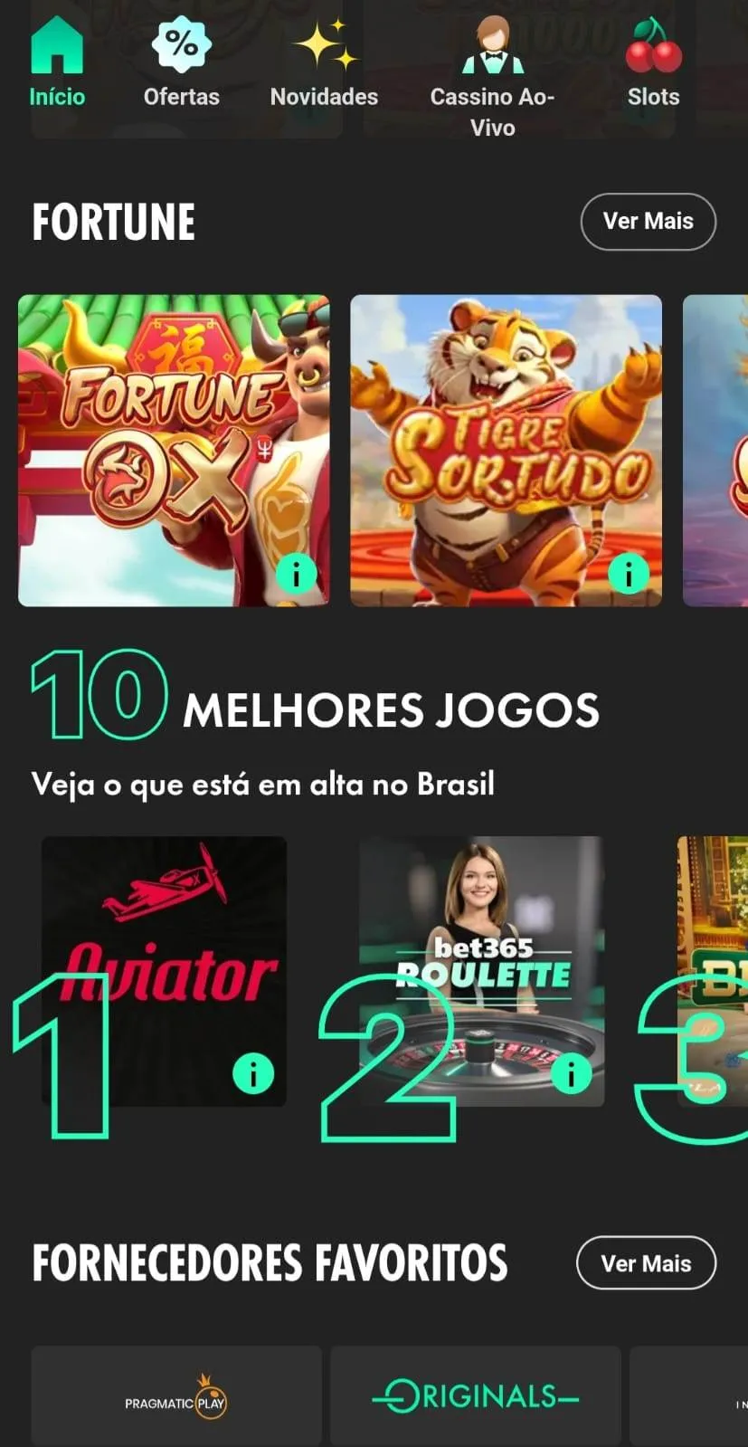 Cassino Bet365 com jogos Fortune: OX e Tigre Sortudo, além da lista dos 10 jogos em alta no Brasil e provedores favoritos
