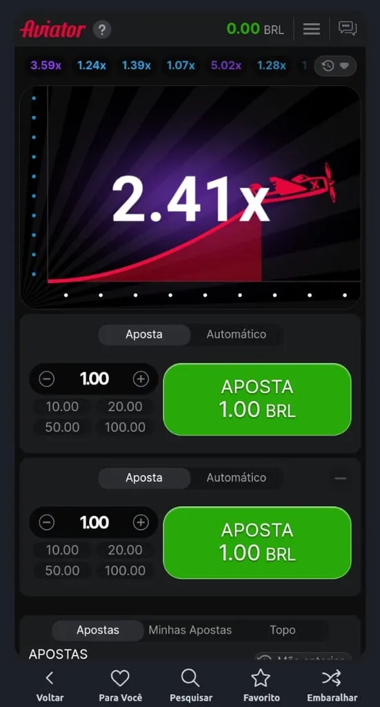 Tela do jogo Aviator com apostas