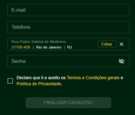 Formulário de inscrição da Jogo de Ouro, com dados sobre e-mail, telefone, endereço e senha