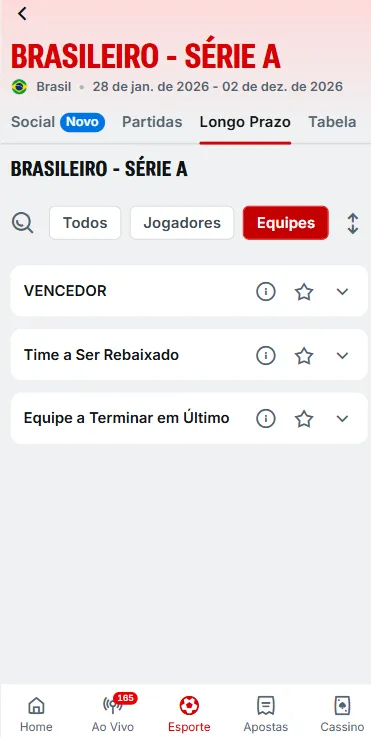 Apostas a longo prazo no Brasileirão 2026 na Superbet com mercado de Vencedor e Time a ser Rebaixado