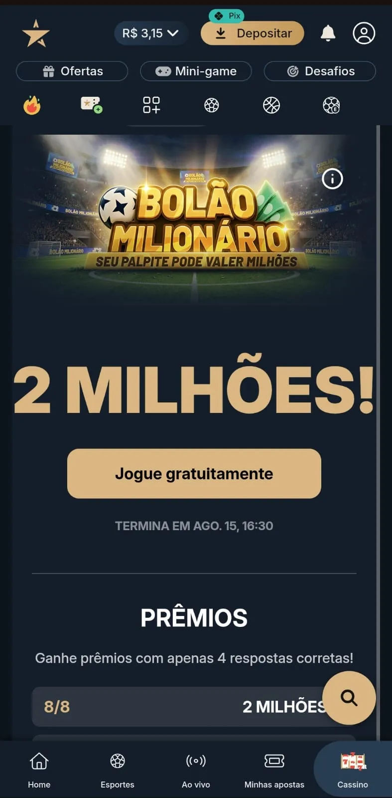 Captura de tela da oferta do Bolão Milionário na Estrelabet, com prêmios a partir de 4 acertos.
