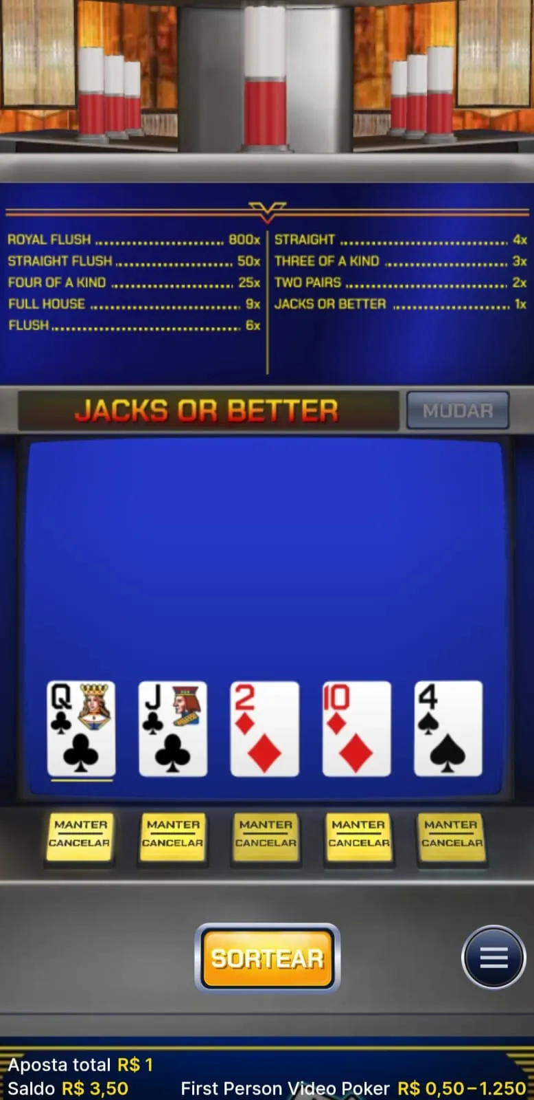 Video poker formato Jacks or Better com 5 cartas distribuídas e botões em cada uma para manter ou descartar.