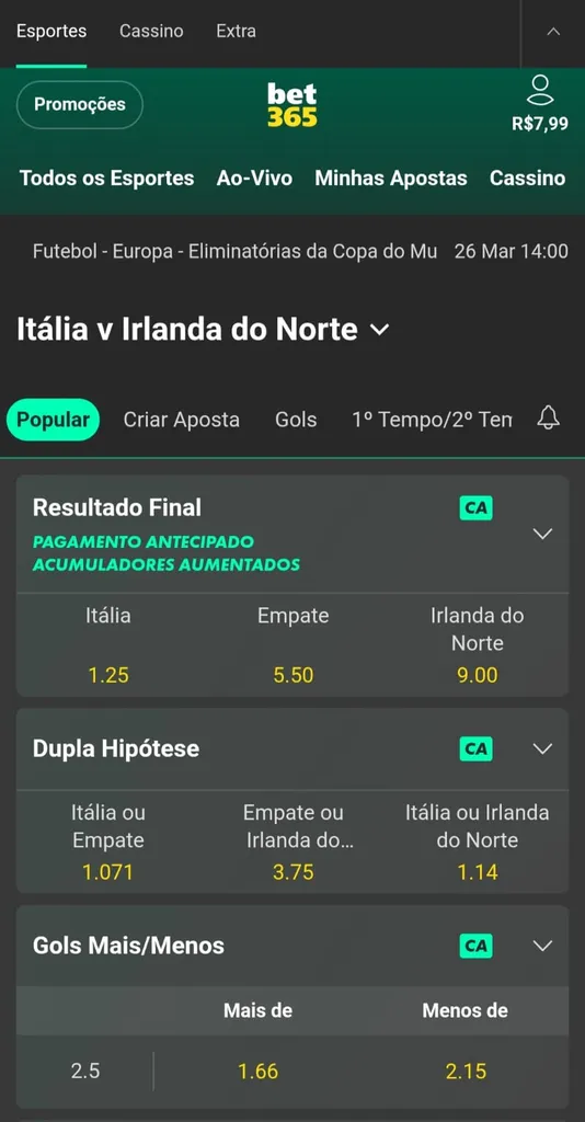 Mercados 1x2, dupla hipótese e ambas marcam em jogo da repescagem Italia x Irlanda do Norte.