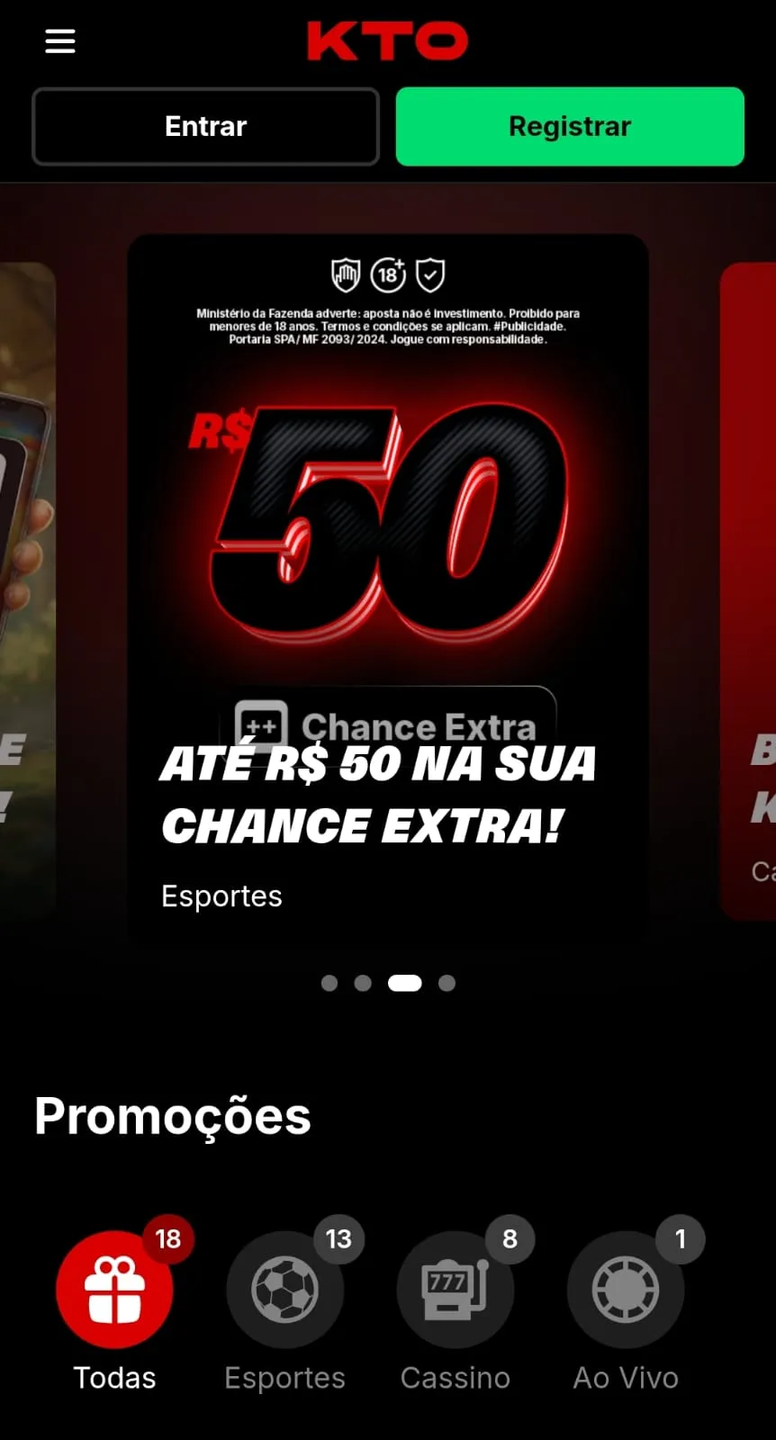 Print da página de ofertas da KTO, com destaque para o banner da "Chance Extra Até R$ 50".
