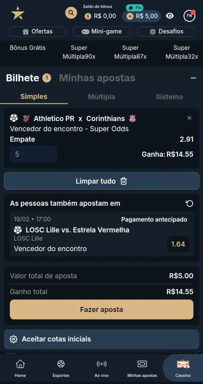 Boletim de apostas entre o jogo Athletico PR x Corinthians na Estrela Bet