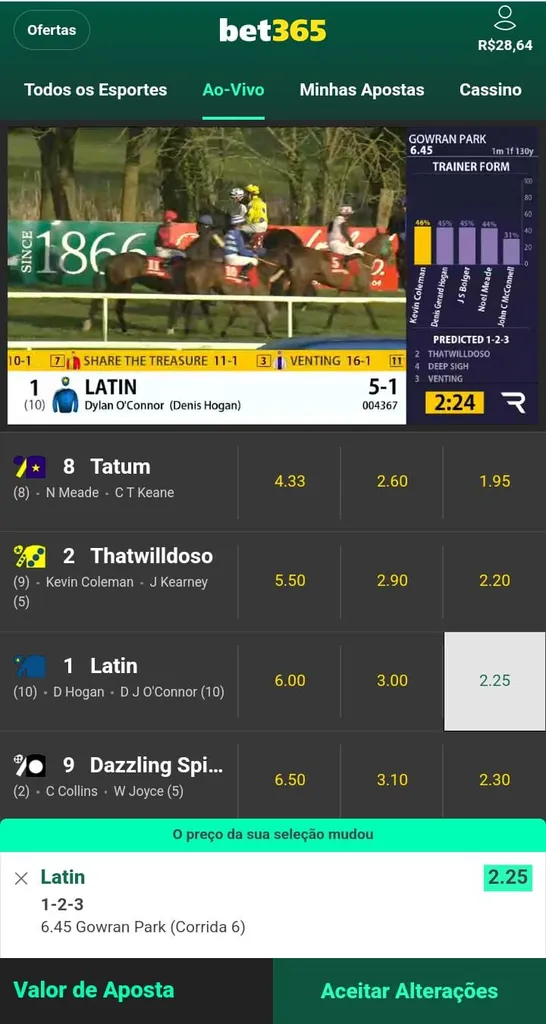Corrida de cavalo transmitida ao vivo pela Bet365 com seleção de odds 2.25 escolhida para o boletim.