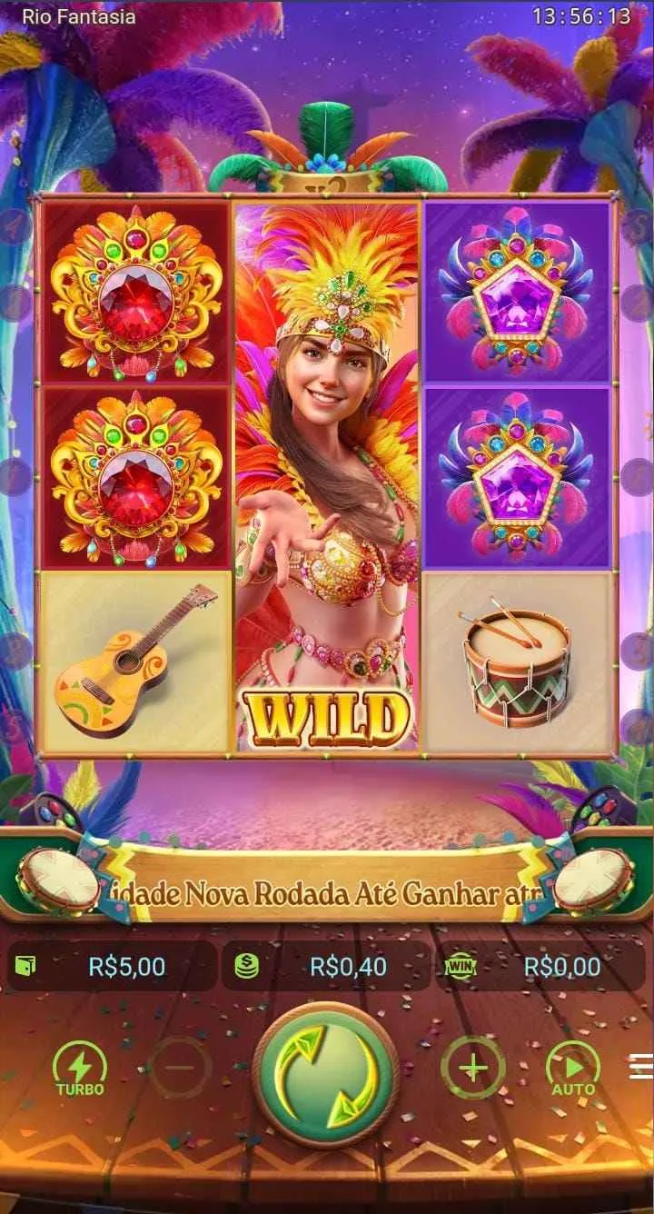 Jogo Rio Fantasia na Stake, com símbolo Wild expandindo na bonina central e diferentes símbolos nas laterias