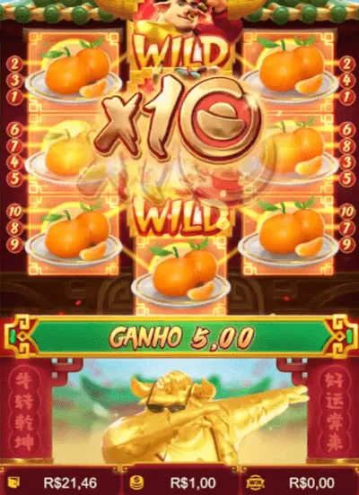 Rodada de aposta vencedora no slot Fortune Ox, com multiplicador ativo de 10x, grade completa com tangerina e ganho de R$5