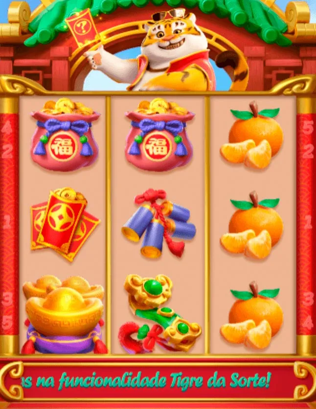 Diferentes figuras na grade 3x3 de Fortune Tiger, com o tigrinho sorrindo acima