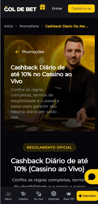 Promoção de cashback diário de até 10% no cassino ao vivo com regras completas