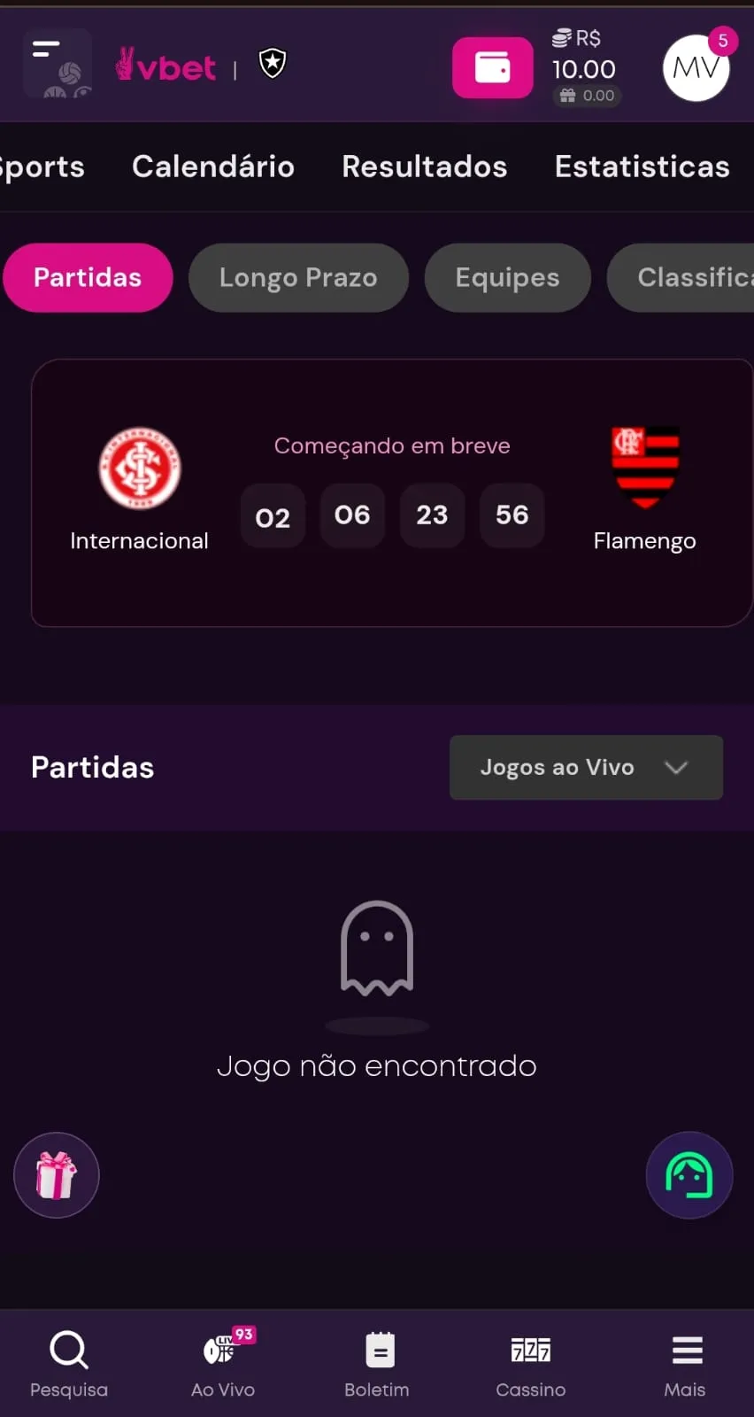 Página do Brasileirão da Vbet com as opções de navegação de calendário, resultados e estatísticas.