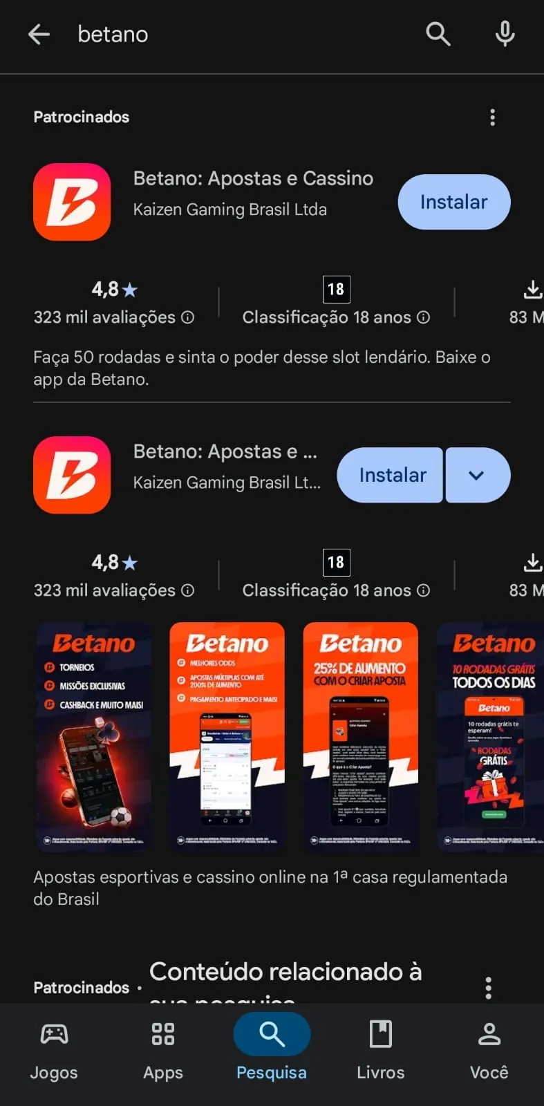Captura de tela da página de instalçao do Betano app na Play Store