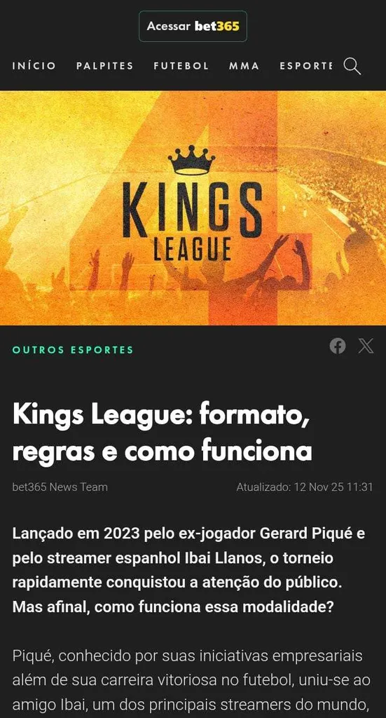 Texto explicativo sobre a Kings League Brasil na Bet365, explicando o formato, regras e como funciona