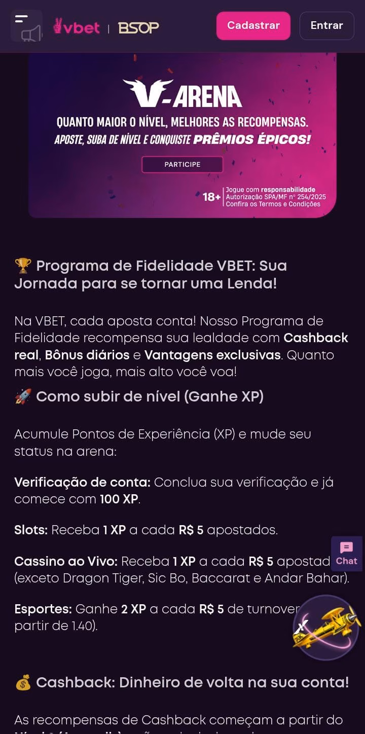 Programa de fidelidade V-Arena da Vbet, com texto explicativo sobre os benefícios para cassino e esportes