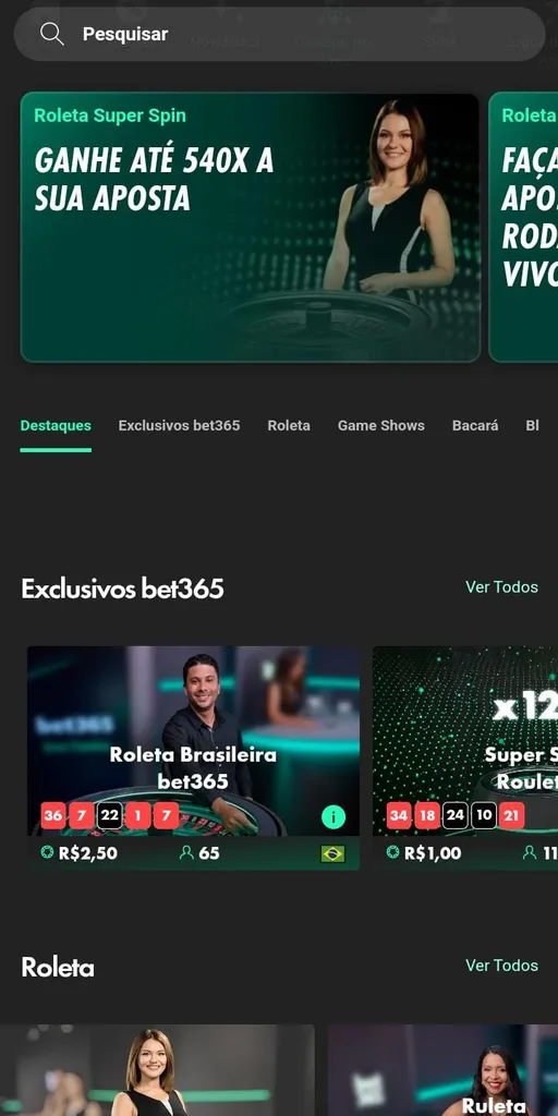 Destaques do cassino ao vivo da Bet365 com jogos exclusivos como roleta brasileira da operadora e outras opções.