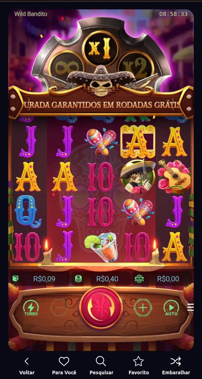 layout inicial do Slot Wild Bandito na Betano, com destaque para os símbolos e botões do menu principal.
Data: 22/05/26