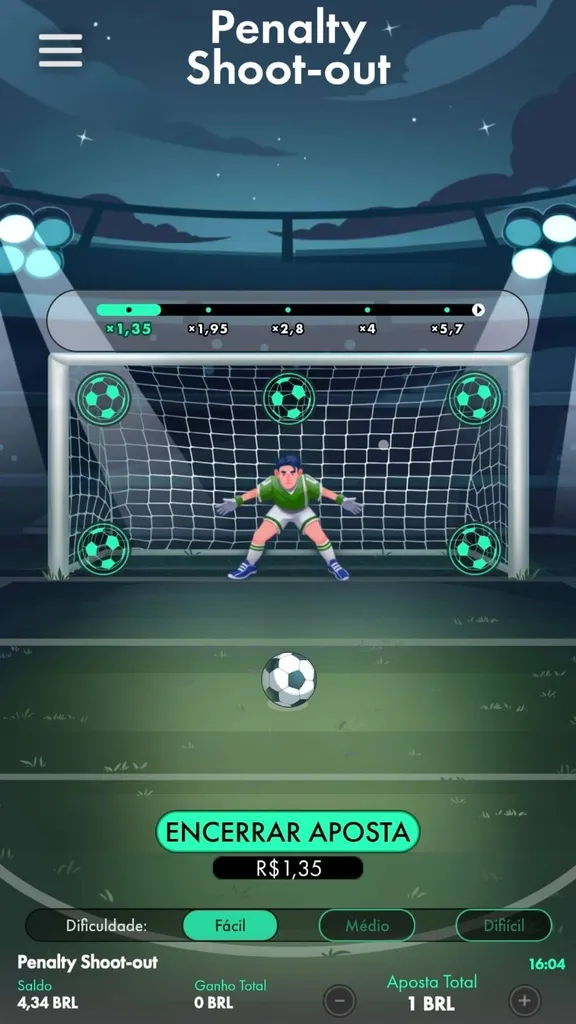 Penalty Shoot Out na Bet365 com cinco opções de alvo para a cobrança e botão para cash out de R$ 1,35.