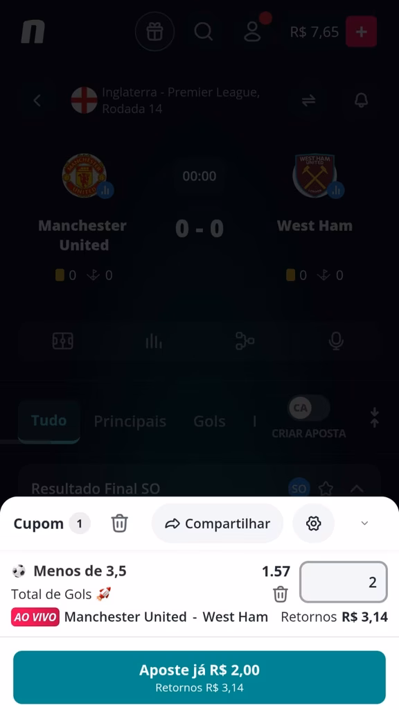 Cupom de aposta simples na Novibet com mercado de total de gols -3,5 gols com odds 1.57 e retorno potencial de R$ 3,14.