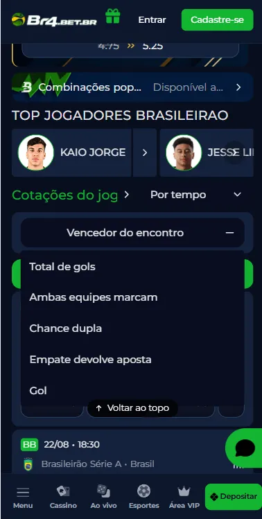 Página de apostas no Brasileirão 2026 na BR4Bet, com mercados de vencedor, total de gols, chance dupla, etc.