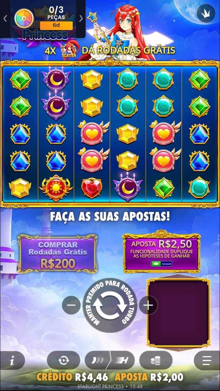 Diferentes figuras na grade 6x5 do slot em modo vertical Starlight Princess, com opção de compra de rodadas grátis
