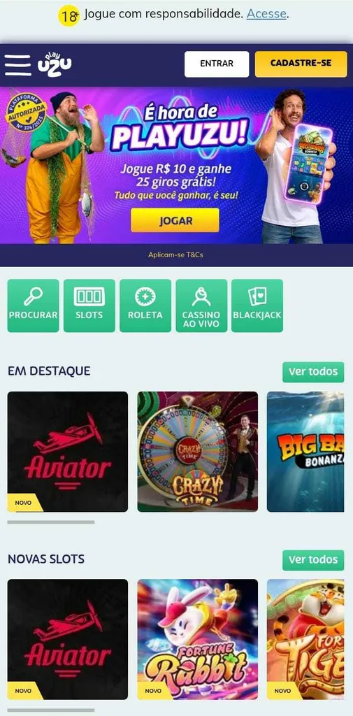 Cassino da PlayUZU com destaque para os jogos Aviator, Crazy Time, Big Bass Bonanza, Fortune Rabbit e Fortune Tiger.