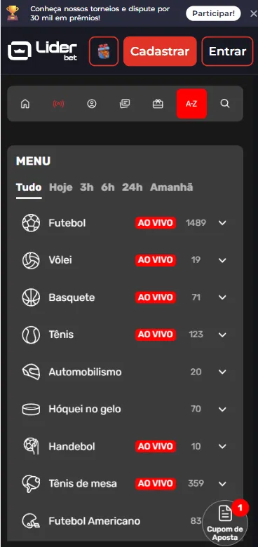 Página de modalidades esportivas na Liderbet de A-Z com mais de 1489 mercados de futebol
