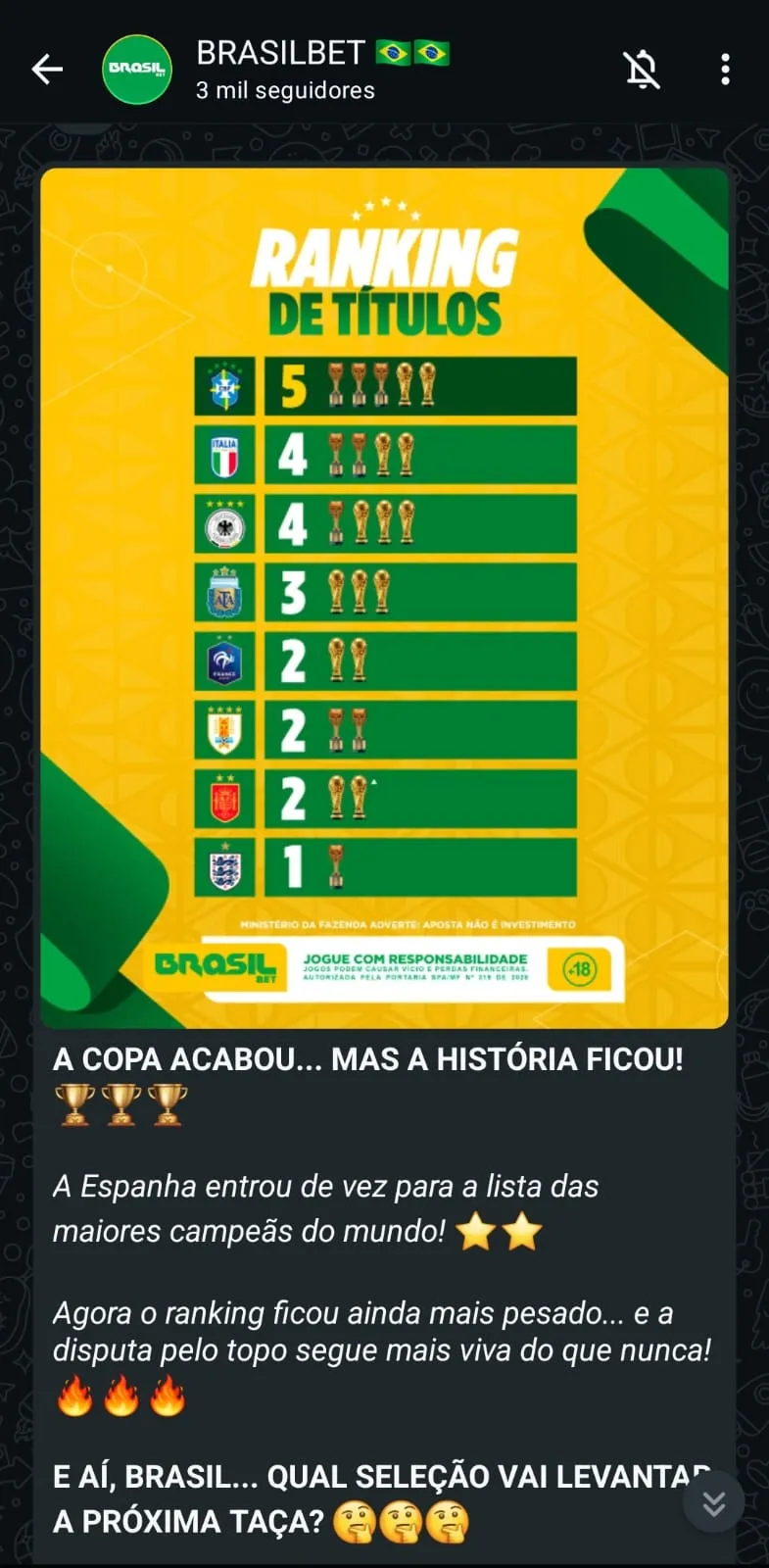 Canal da Brasilbet no Whatsapp.