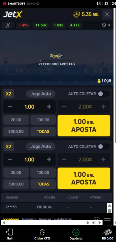 Rodada em andamento do JetX na KTO com aposta de R$ 1