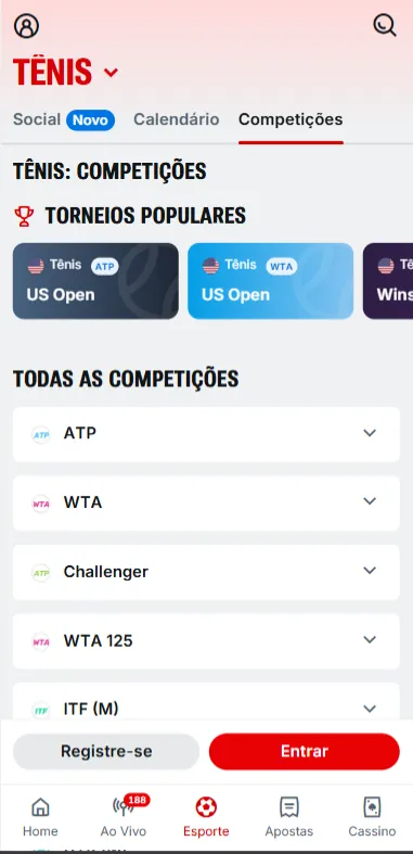 Competições populares de tênis na Superbet, como o ATP US Open e WTA US Open