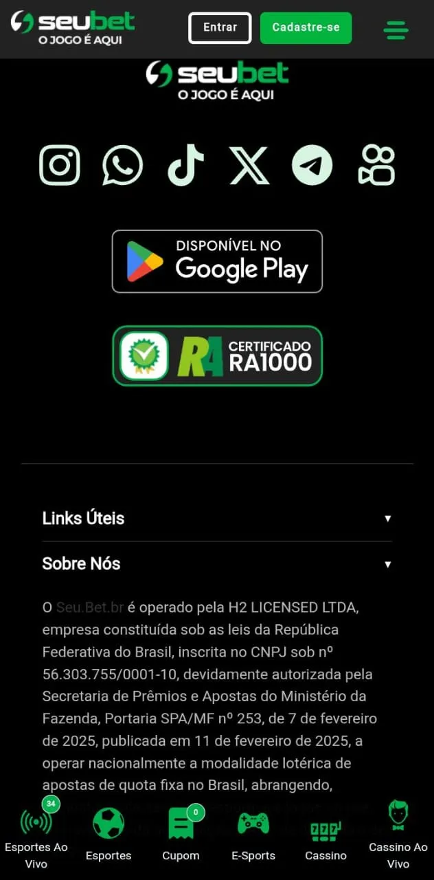 Botão de download do app da SeuBet, do link da SeuBet no Reclame Aqui e texto "Sobe nós" do site